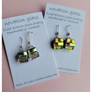 Two Pair Fused Dichroic Glass Dangle Earrings with Sterling Hooks Handmade